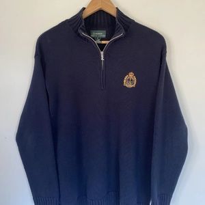 Lauren Ralph Lauren Sweater Medium Blue 1/4 Zip Crest Logo Cable Knit Equestrian